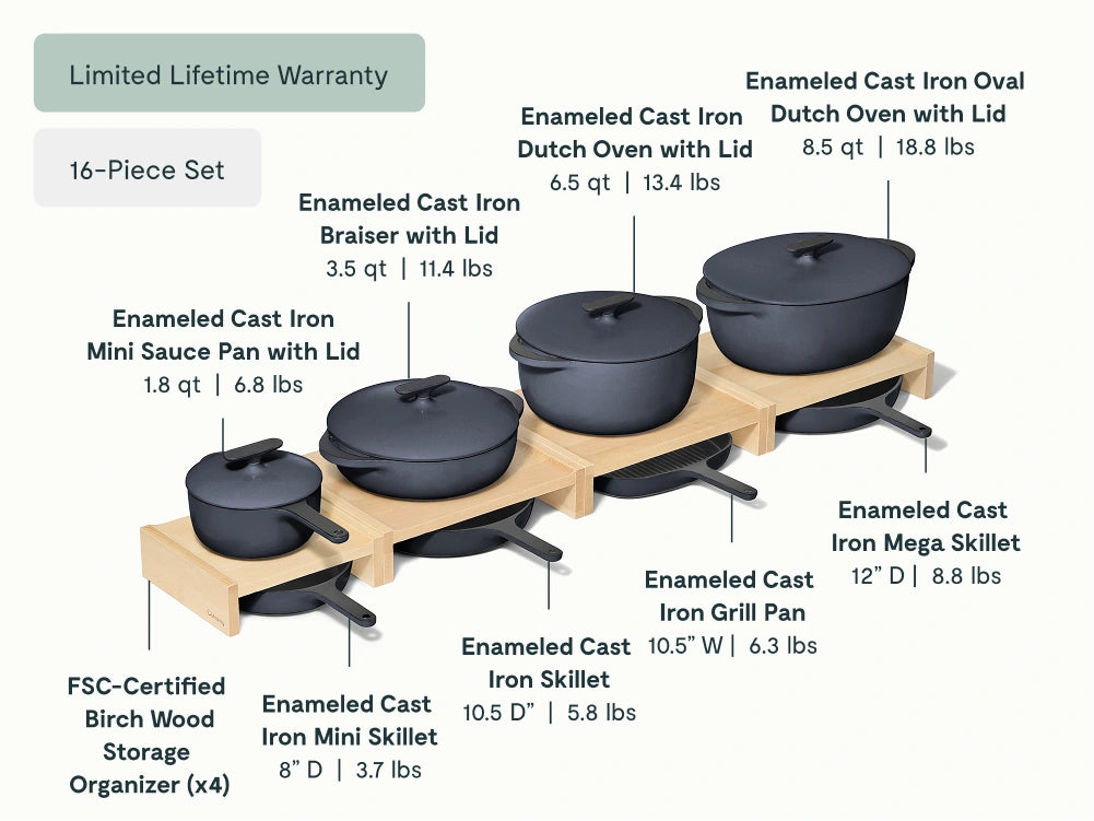 Deluxe Enameled Cast Iron Set - 16-Piece Set With Complimentary Storage Organizer - US 2333