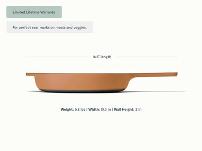 10.5” Enameled Cast Iron Skillet  - 10.5” Skillet perfect for searing meat, baking cornbread, and sautéing. - US 7818